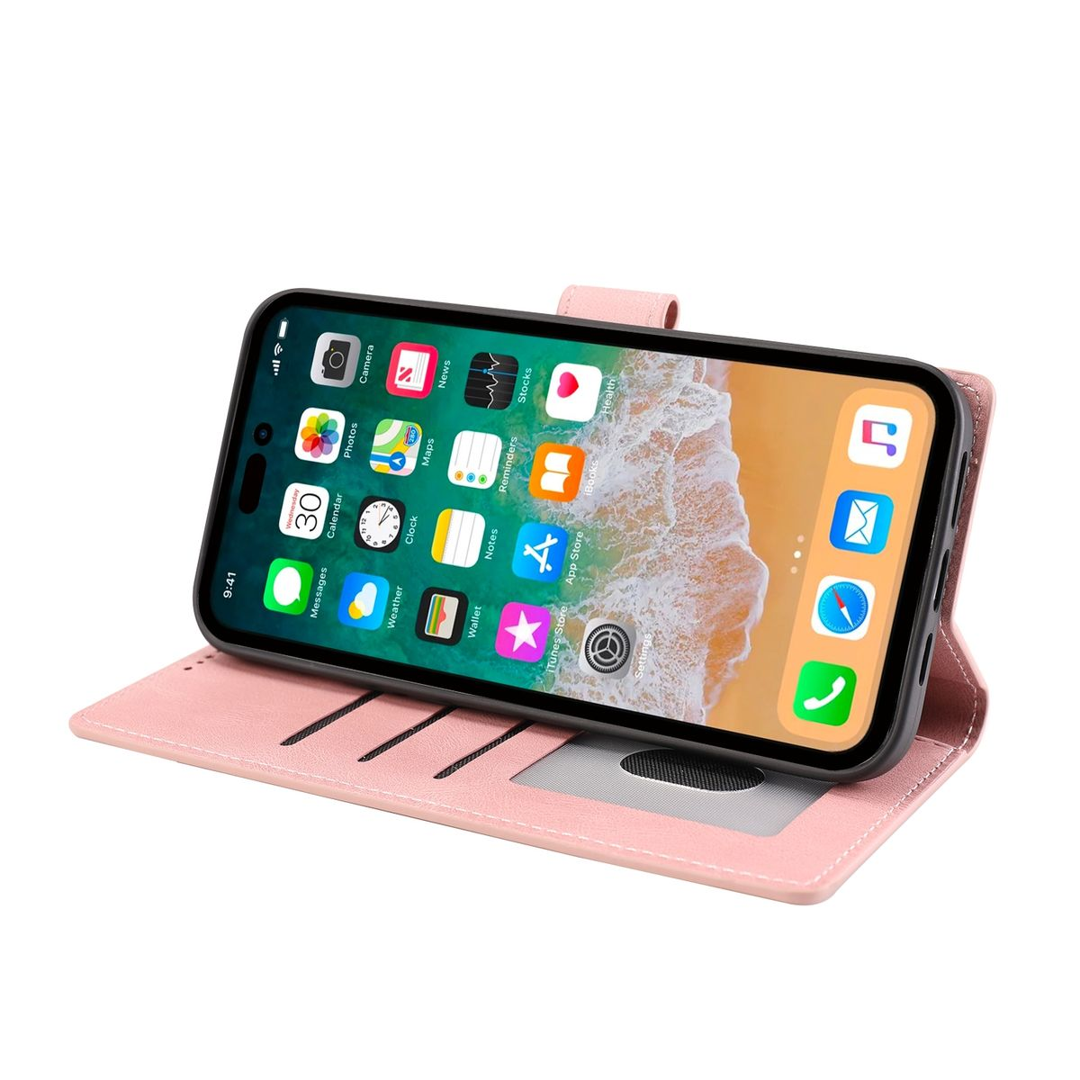 Geöffnete rosa Handyhülle mit Telefon, das App-Symbole und hellen Hintergrund zeigt.