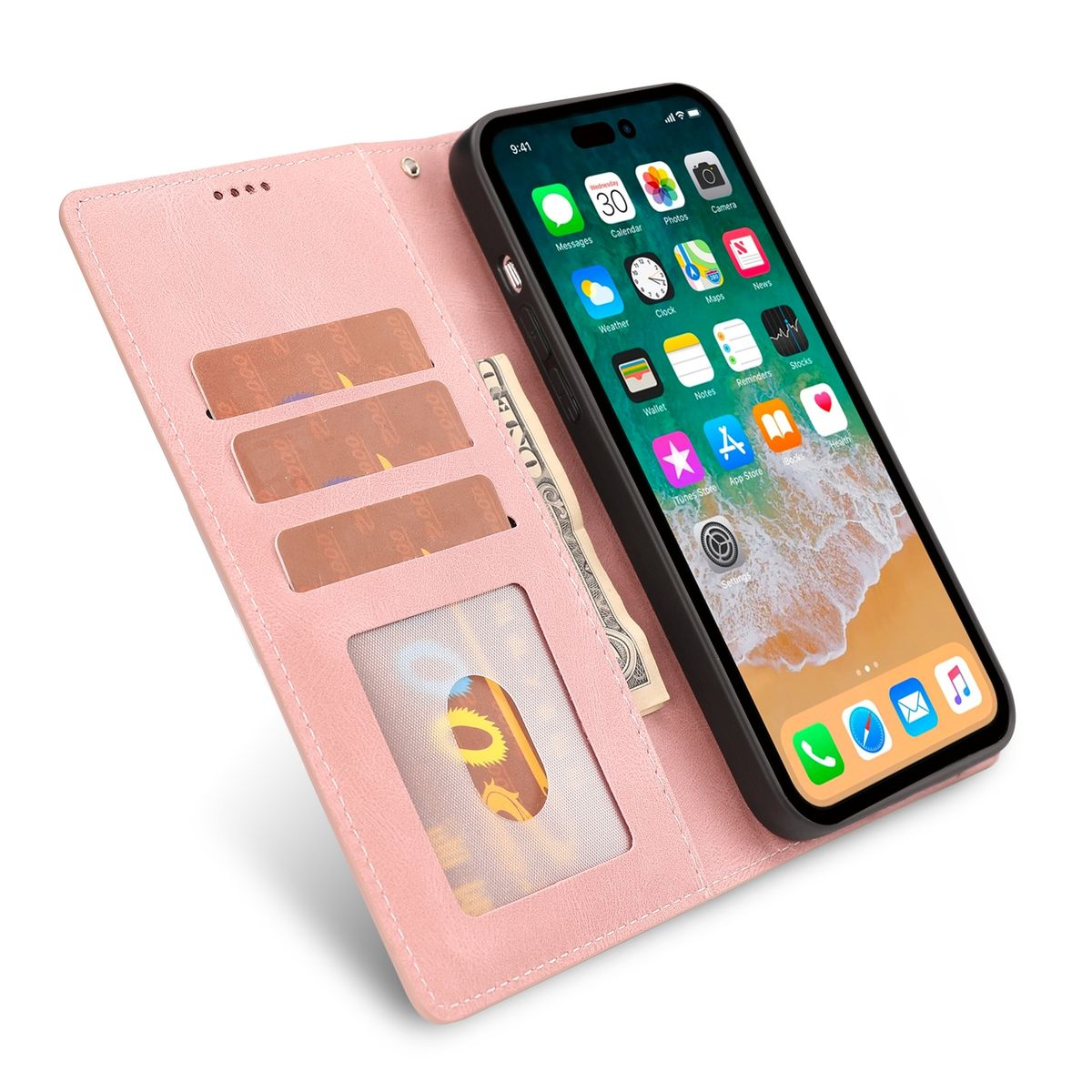 Rosa Handyhülle mit iPhone, Karten und Geld. Bildschirm zeigt App-Symbole. Offener Geldbeutel.