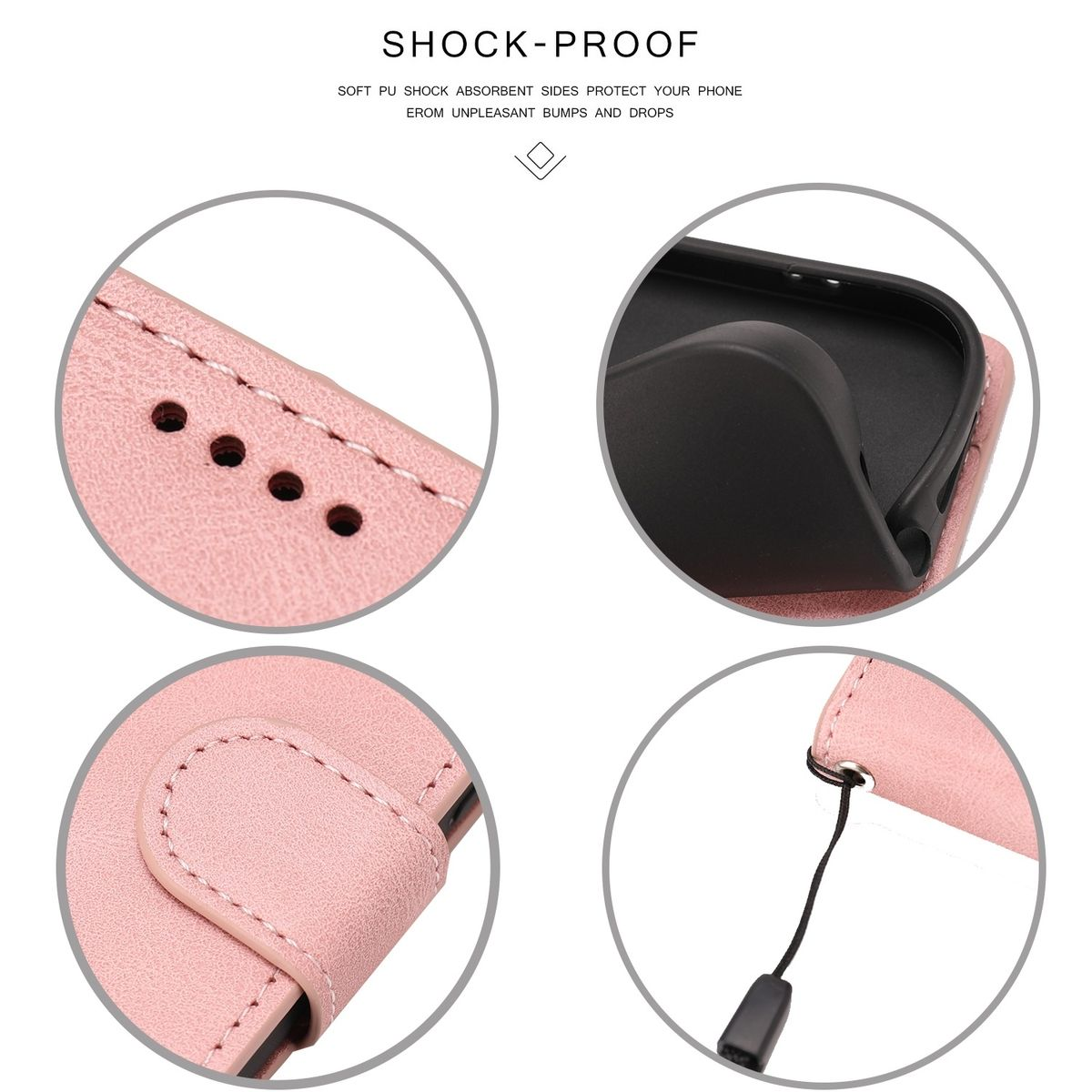 Nahaufnahme einer rosa Handyhülle mit Details wie Nähten, Knöpfen und einem Riemen.