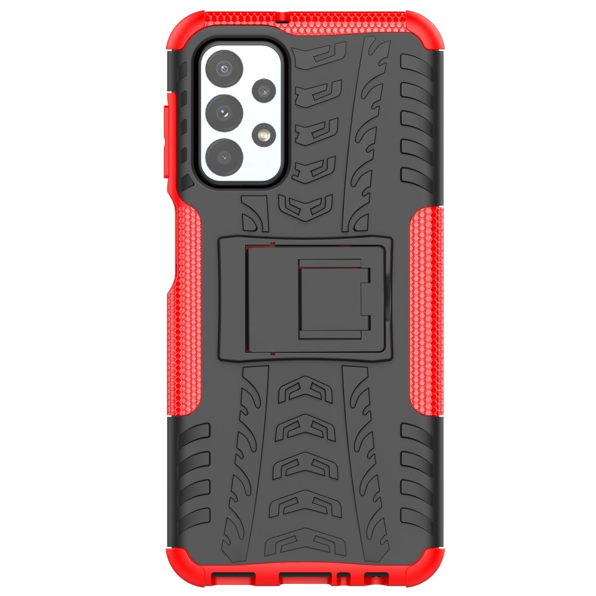 Rote und schwarze Handyhülle mit Ständer und Reifenprofil-Design.