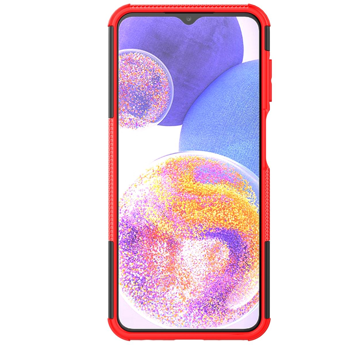 Rote Handyhülle mit einem Telefon darin. Der Telefonbildschirm zeigt bunte Grafiken.