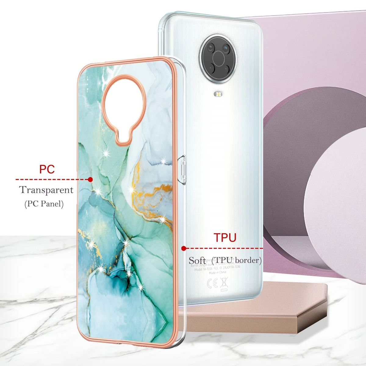 Transparente Handyhülle mit Marmordesign. Das Telefon befindet sich im Hintergrund. PC und TPU sind beschriftet.