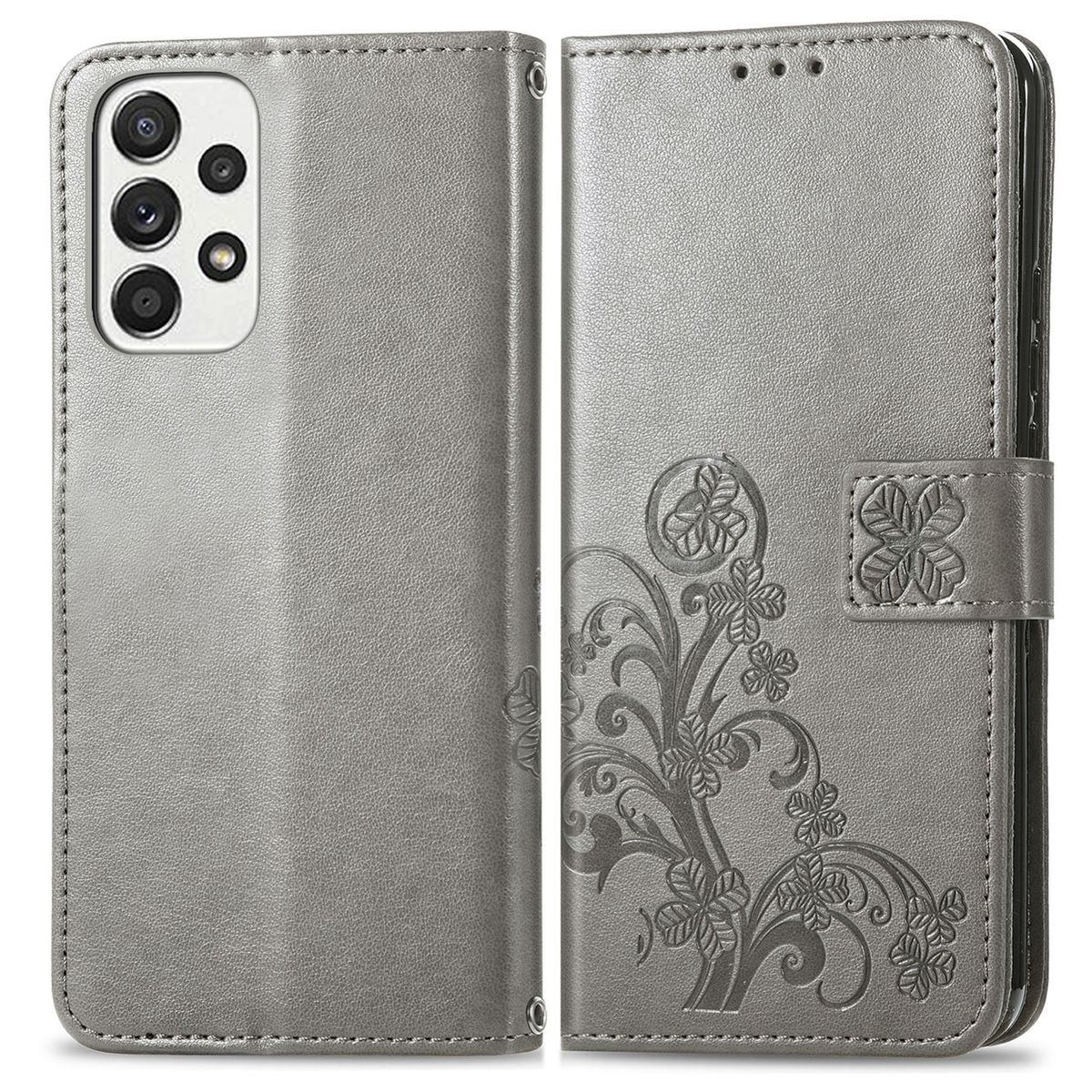 Graue Leder-Handyhülle, offen, mit floralem Design. Telefon links.