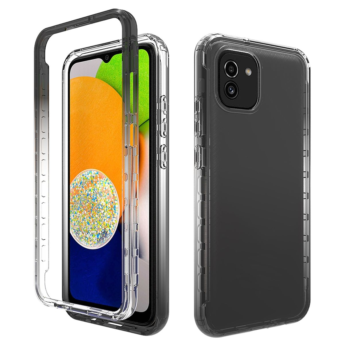 Schwarze und transparente Handyhülle mit einem Telefon darin, das den Bildschirm zeigt.