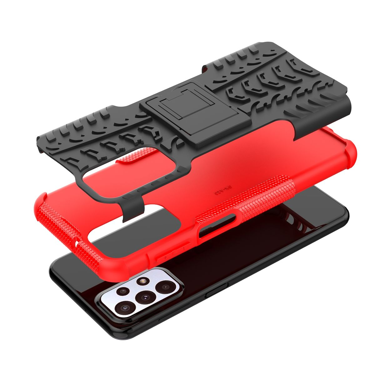 Handyhüllen-Komponenten. Schwarzes Telefon und schwarz/rotes Gehäuse. Schützendes, robustes Design.