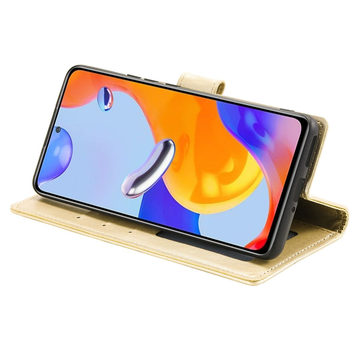 Geöffnete goldene Handyhülle, die ein Telefon mit abstrakter Kunst auf dem Bildschirm hält.