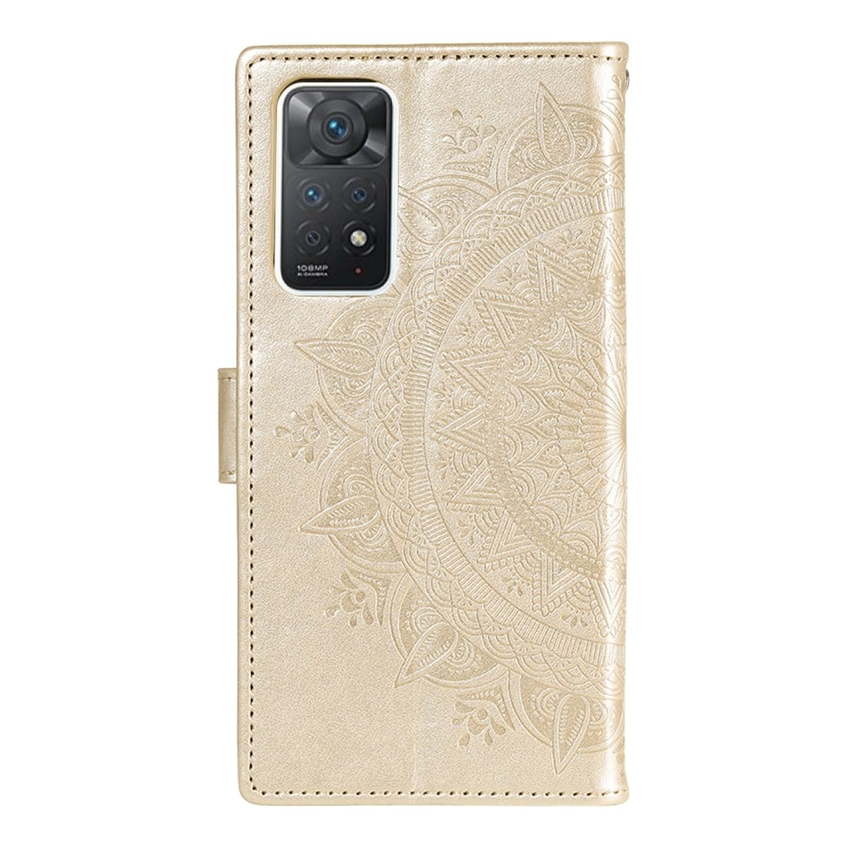 Goldenes Handyhülle mit detailliertem Mandala-Muster. Die Hülle hat einen Kameraausschnitt und Magnetverschluss.