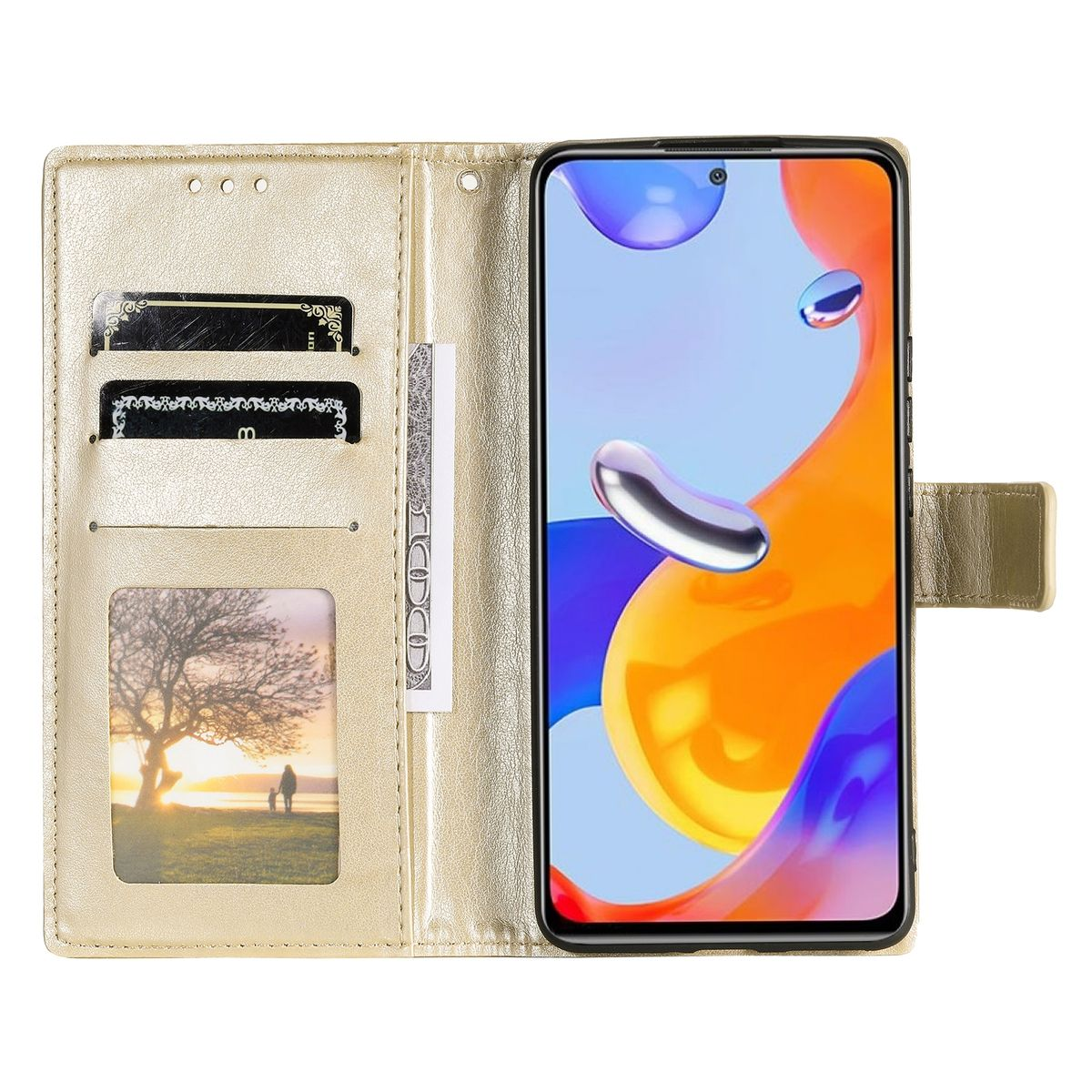 Goldene Handyhülle offen mit Telefon, das orangefarbenes Hintergrundbild und drei Kartenfächer zeigt, ein Bildfach.