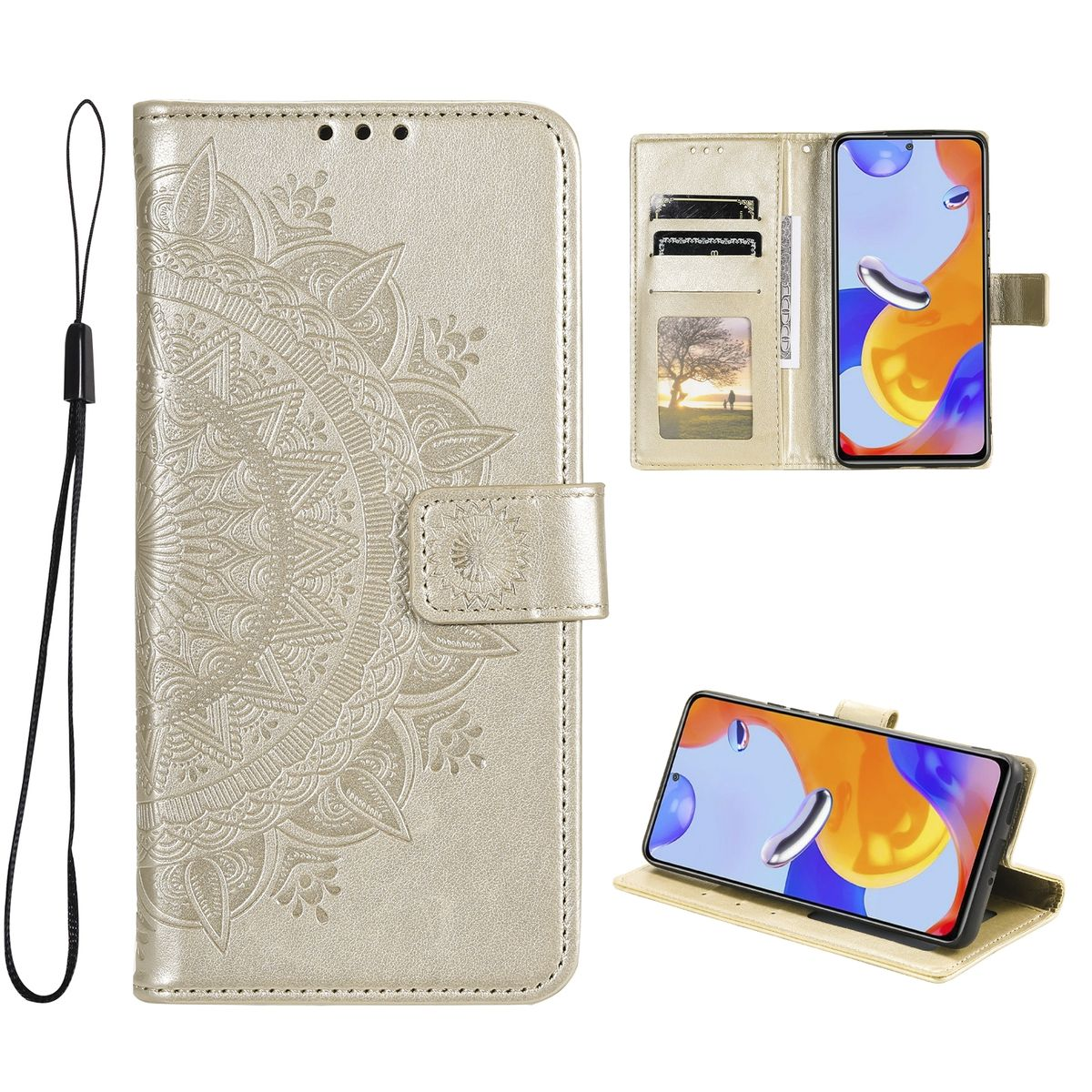 Beige Handyhülle mit Telefon. Die Hülle ist mit einem Mandala-Muster verziert und hat einen schwarzen Riemen.