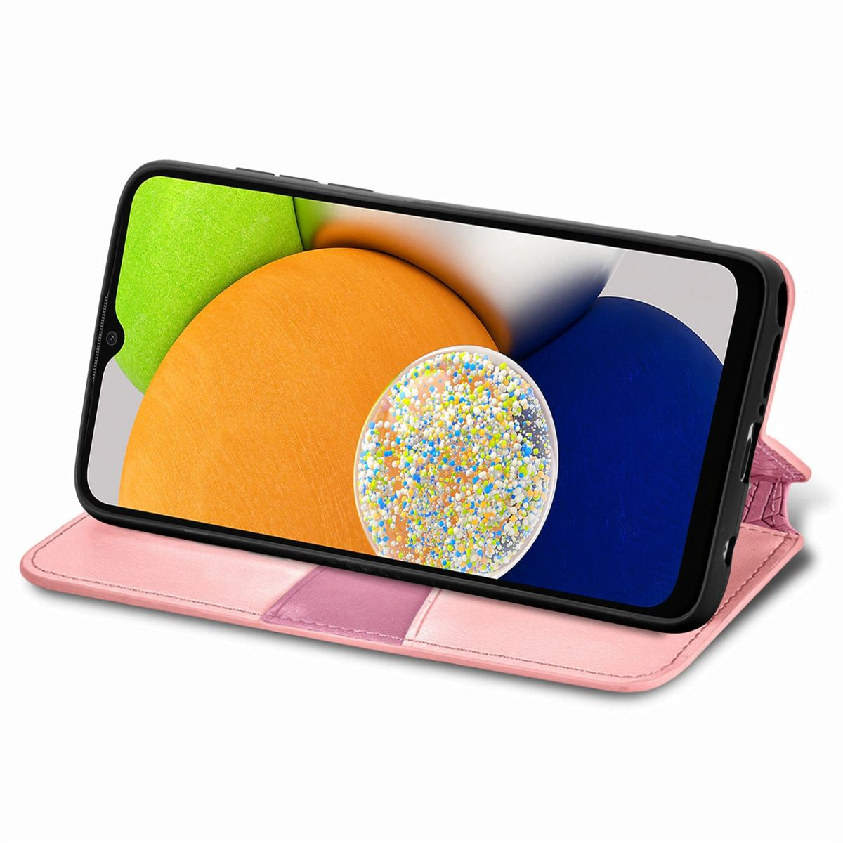 Geöffnete rosa Handyhülle, die ein Telefon mit farbenfrohem, abstrakten Hintergrund zeigt. Rosa, orange und blaue Farben.