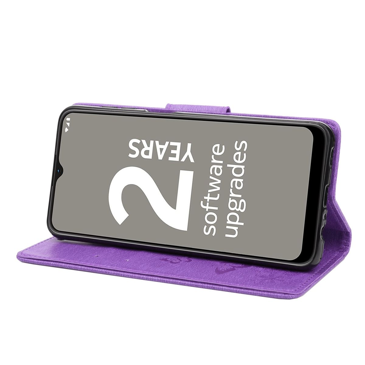 Lila Handyhülle, offen, mit Telefon. Der Bildschirm zeigt '2 Jahre Software-Upgrades'.