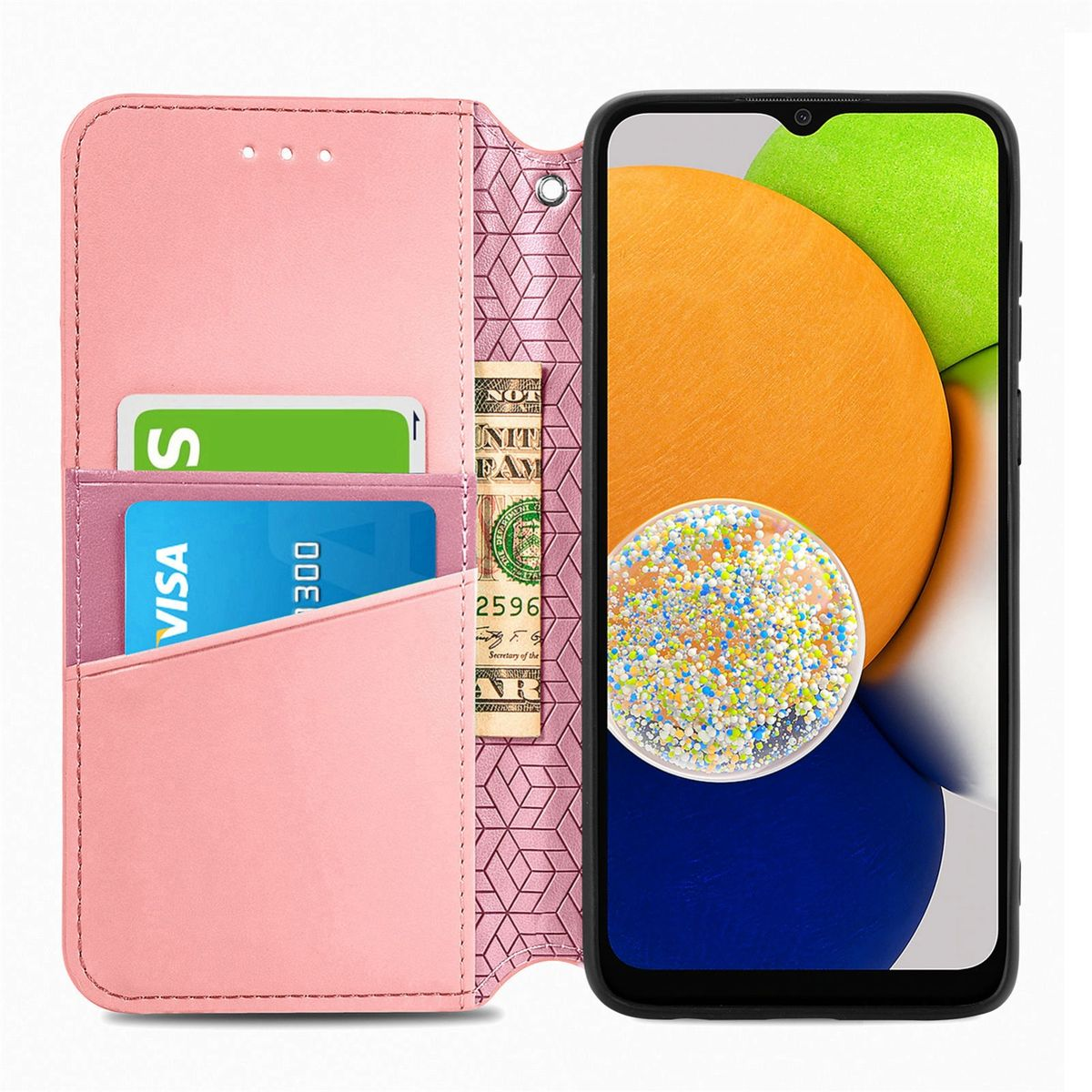 Rosa Handyhülle offen, zeigt Karten, Geld und Telefon mit orange-grünem Hintergrund.