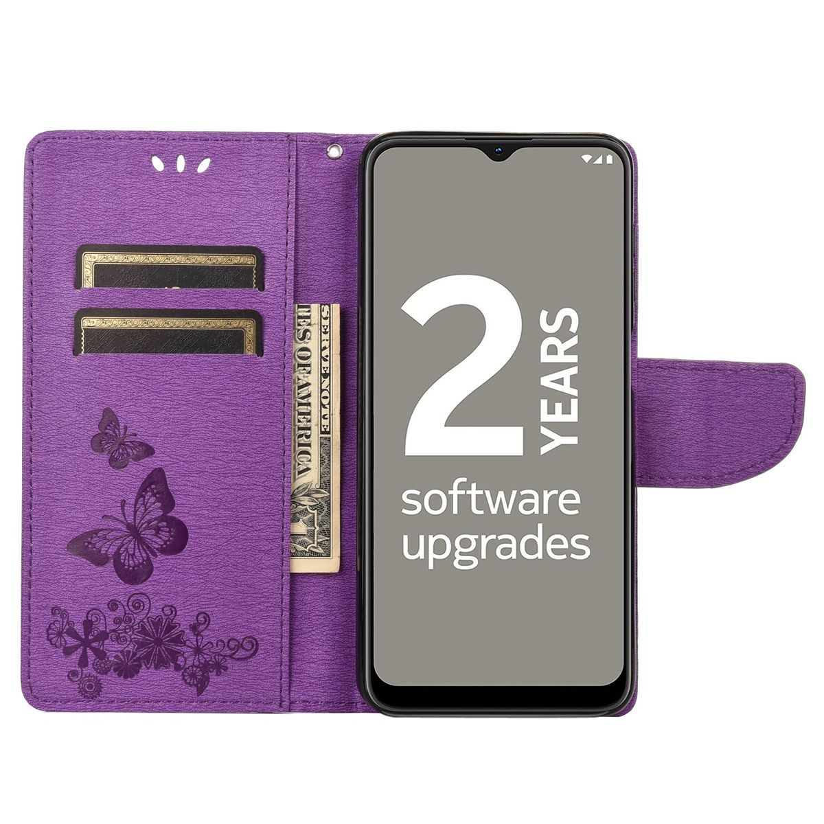 Lila Handyhülle geöffnet. Telefon zeigt "2 JAHRE Software-Upgrades". Schmetterlinge und ein Geldschein sind sichtbar.