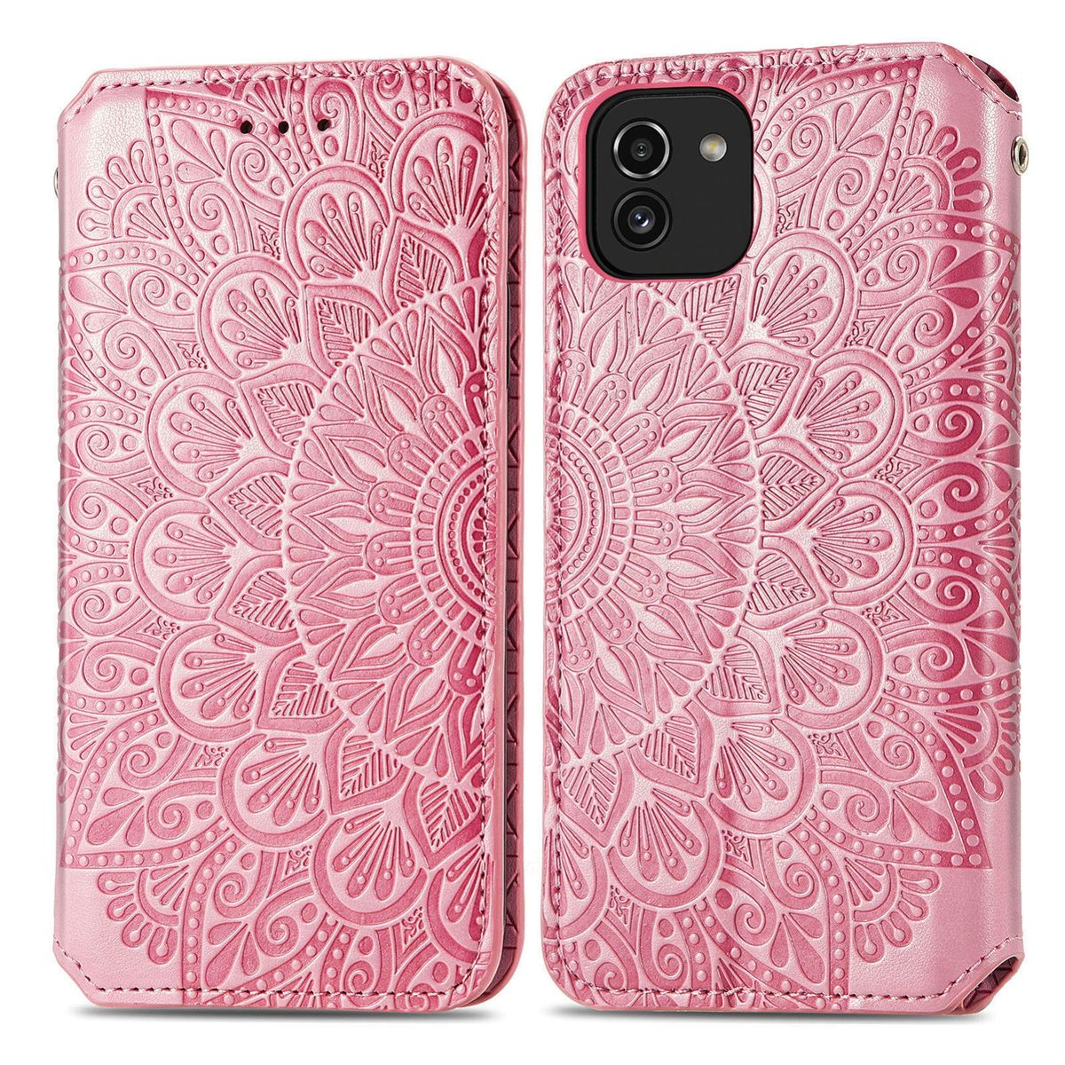 Rosa Handyhülle mit Mandala-Design, offen. Das Telefon hat eine sichtbare Kamera und Knöpfe.