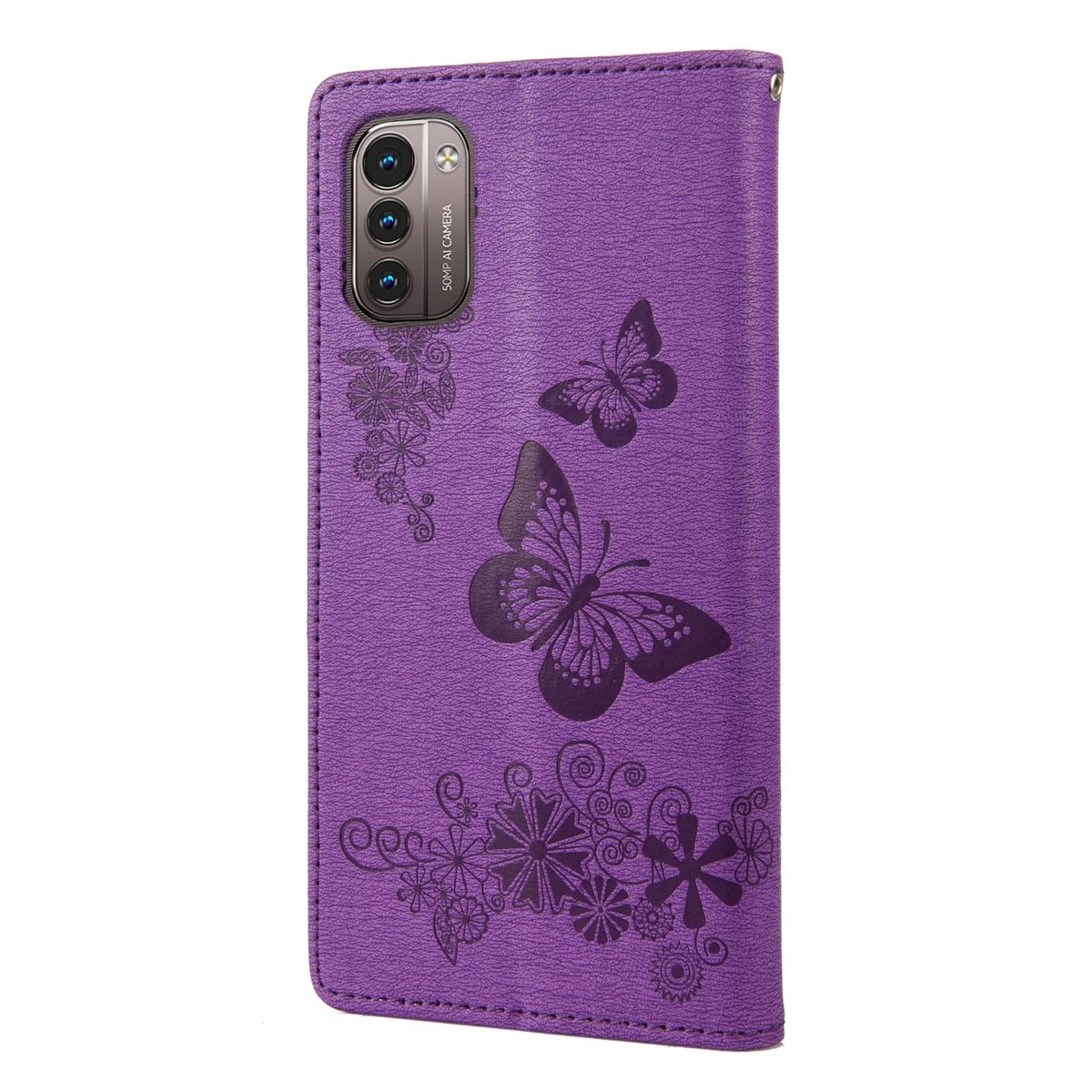 Lila Handyhülle mit Schmetterlingsdesign. Die Hülle hat geprägte Schmetterlinge und Blumen.
