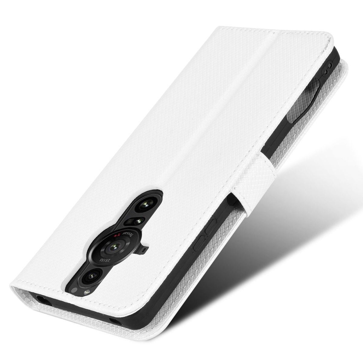 Weiße Handyhülle, offen. Telefon innen mit Kameraobjektiv. Hülle hat einen schwarzen Rahmen.