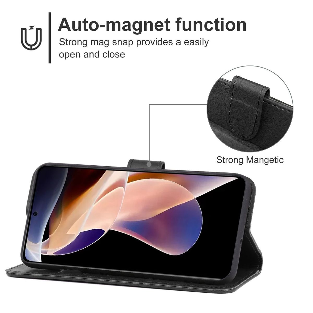 Schwarzes Telefon in Hülle. Der Bildschirm zeigt die Auto-Magnet-Funktion. Schwarzer Hintergrund.