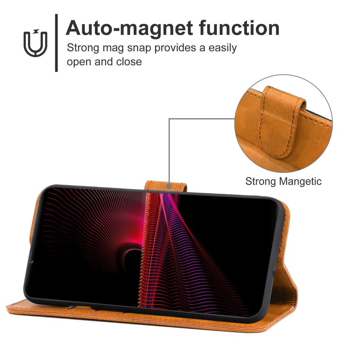 Braune Handyhülle mit Telefon, offen. Text: Auto-Magnetfunktion, starker Magnetverschluss.