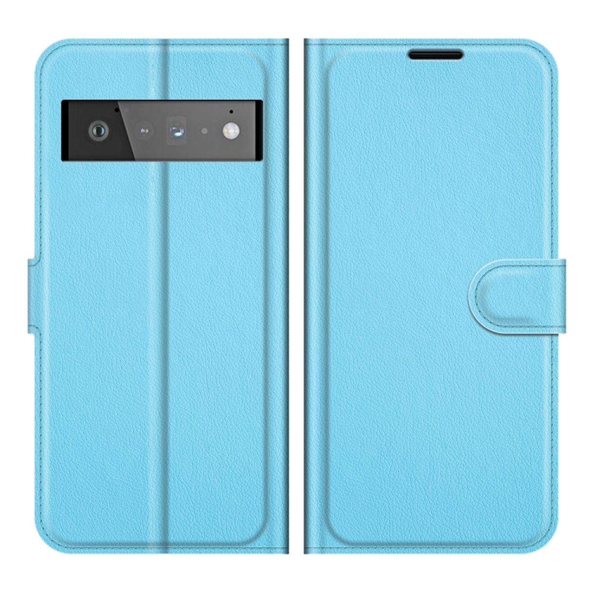 Hellblaue Handyhülle, offen. Zwei Seiten. Das Telefon befindet sich im Inneren der Hülle.