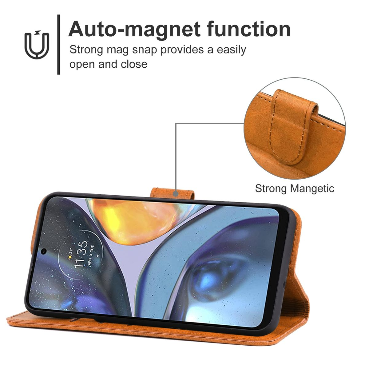 Orangefarbene Handyhülle, offen. Das Telefon zeigt die Uhrzeit 11:35. Text: Auto-Magnetfunktion.