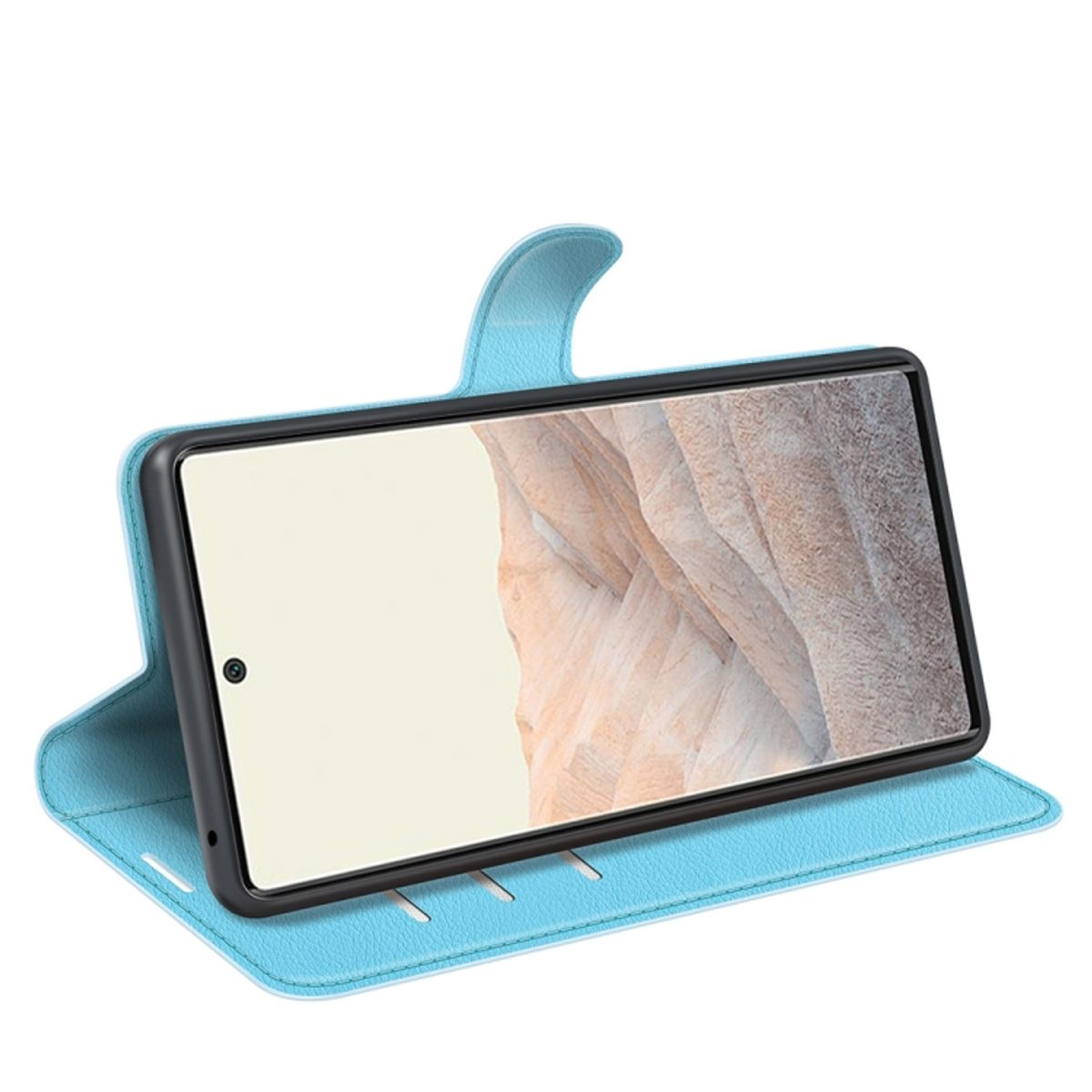 Blaue Handyhülle mit Telefon. Der Bildschirm zeigt eine helle Farbe. Die Hülle ist offen.