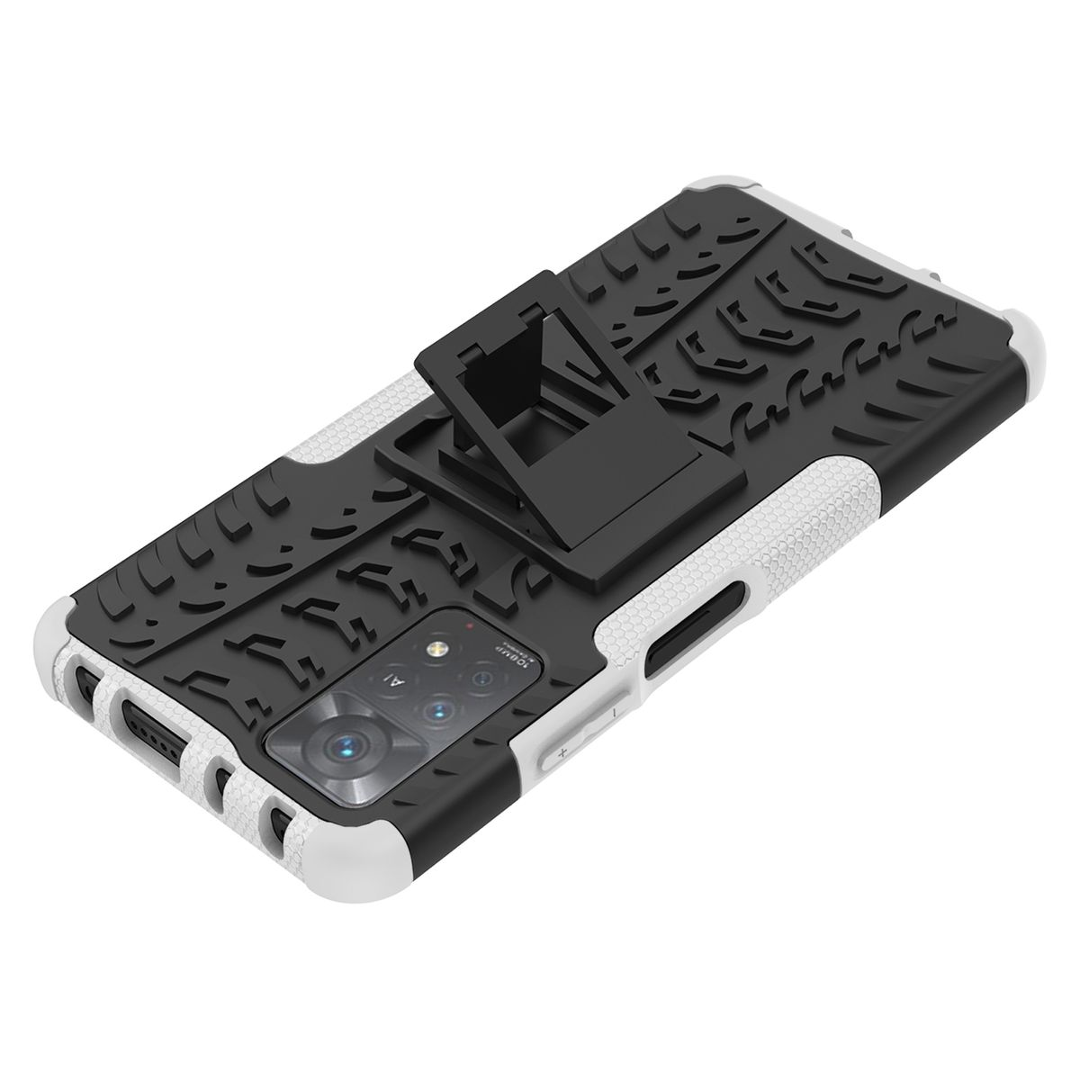 Schwarz-weißes Handycase mit Reifenprofil und Ständer. Weißer Hintergrund.
