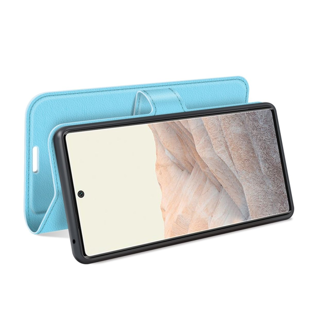 Offene blaue Handyhülle mit einem Telefon darin. Das Telefon hat eine Kamera in der oberen linken Ecke.