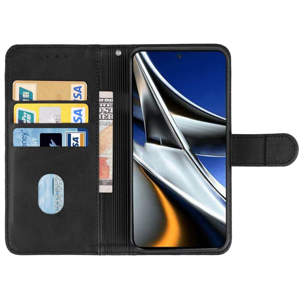 Schwarze Handy-Brieftasche, offen. Telefon innen, Karten in Schlitzen. Schwarzer Hintergrund.