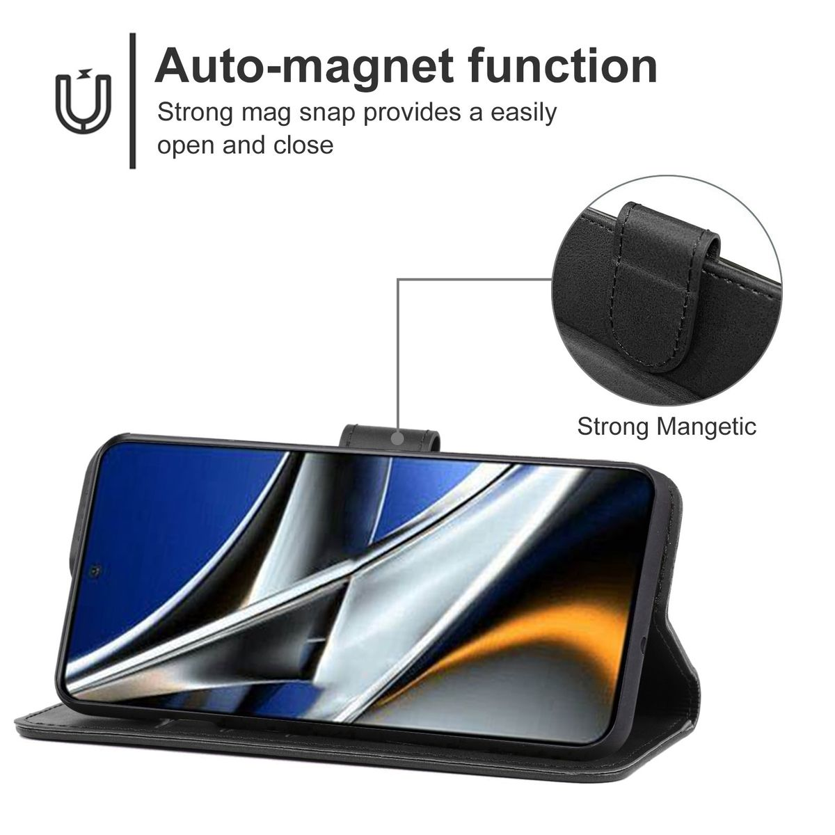 Schwarze Handyhülle, Telefon im Inneren, mit Magnetverschluss. Der Text lautet "Auto-Magnetfunktion".