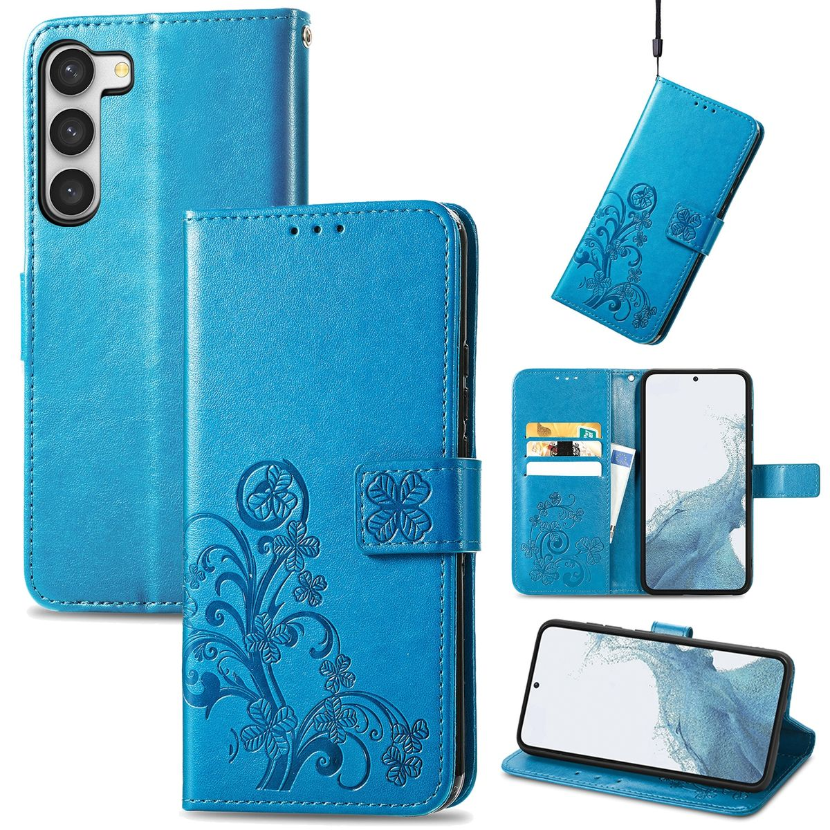 Blaue Handyhülle mit Blumendesign. Mehrere Ansichten zeigen die offene Hülle mit Karten und Telefon.