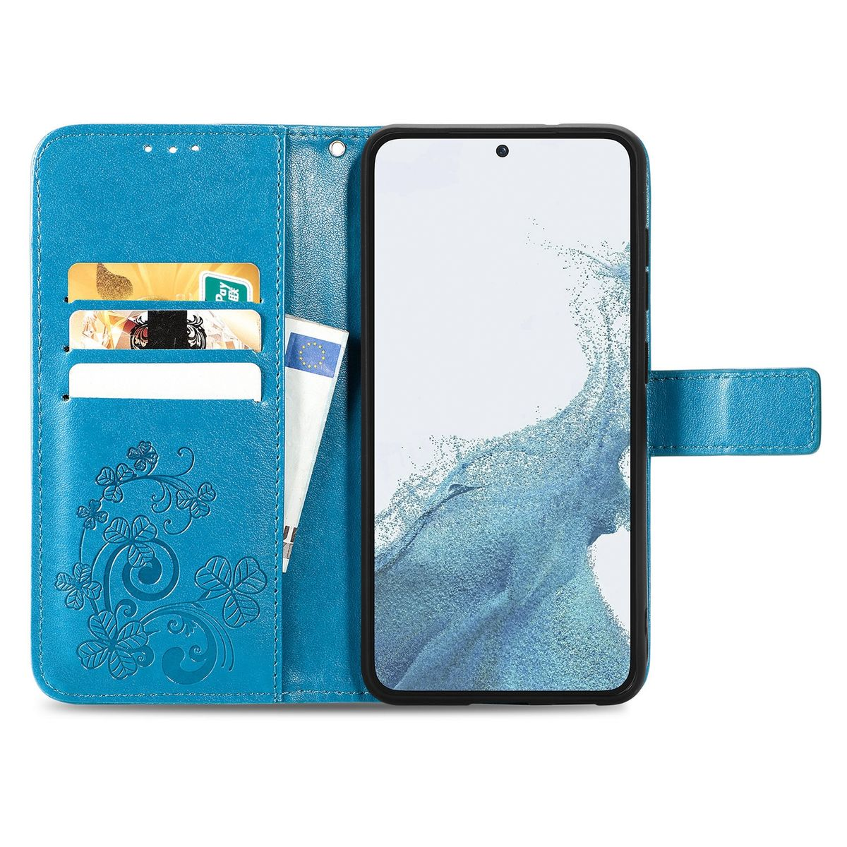 Blaue Handyhülle mit Kartenfächern und ein Telefon darin.