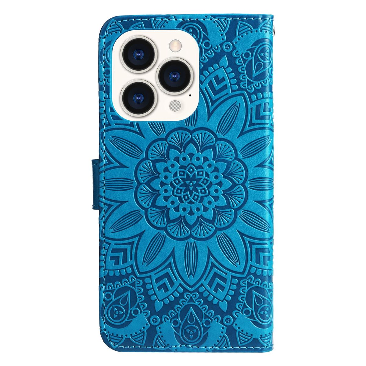 Blaue Handyhülle geschlossen, mit floralem Mandala-Design.