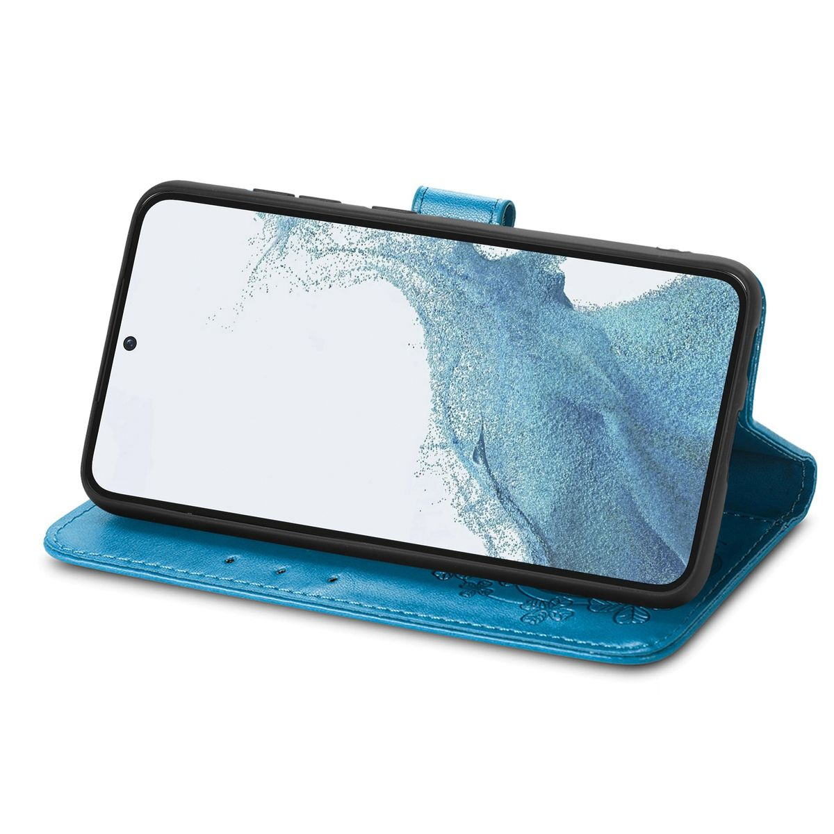 Blaue Handyhülle offen, hält Telefon horizontal. Telefonbildschirm zeigt blaues abstraktes Design. Weißer Hintergrund.