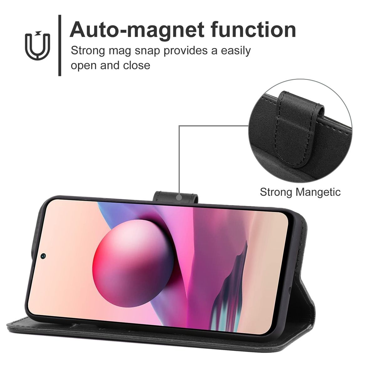 Schwarzes Telefon in einer Hülle, mit Magnetverschluss. Der Bildschirm zeigt ein rosa und weißes Design.