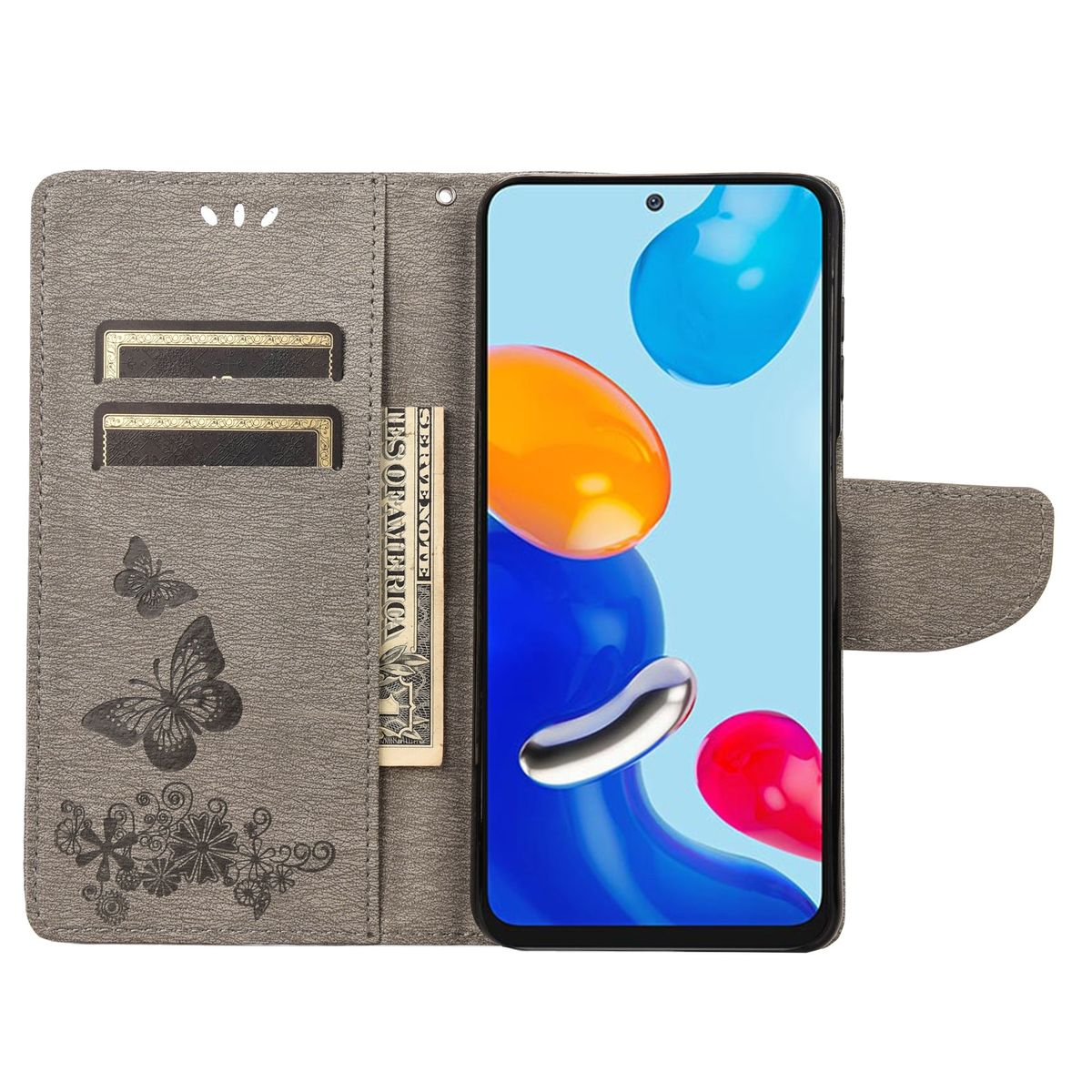 Graue Handyhülle. Geöffnet, mit Telefon. Karten und Geld darin. Schmetterlinge und Blumenmuster. Weißer Hintergrund.
