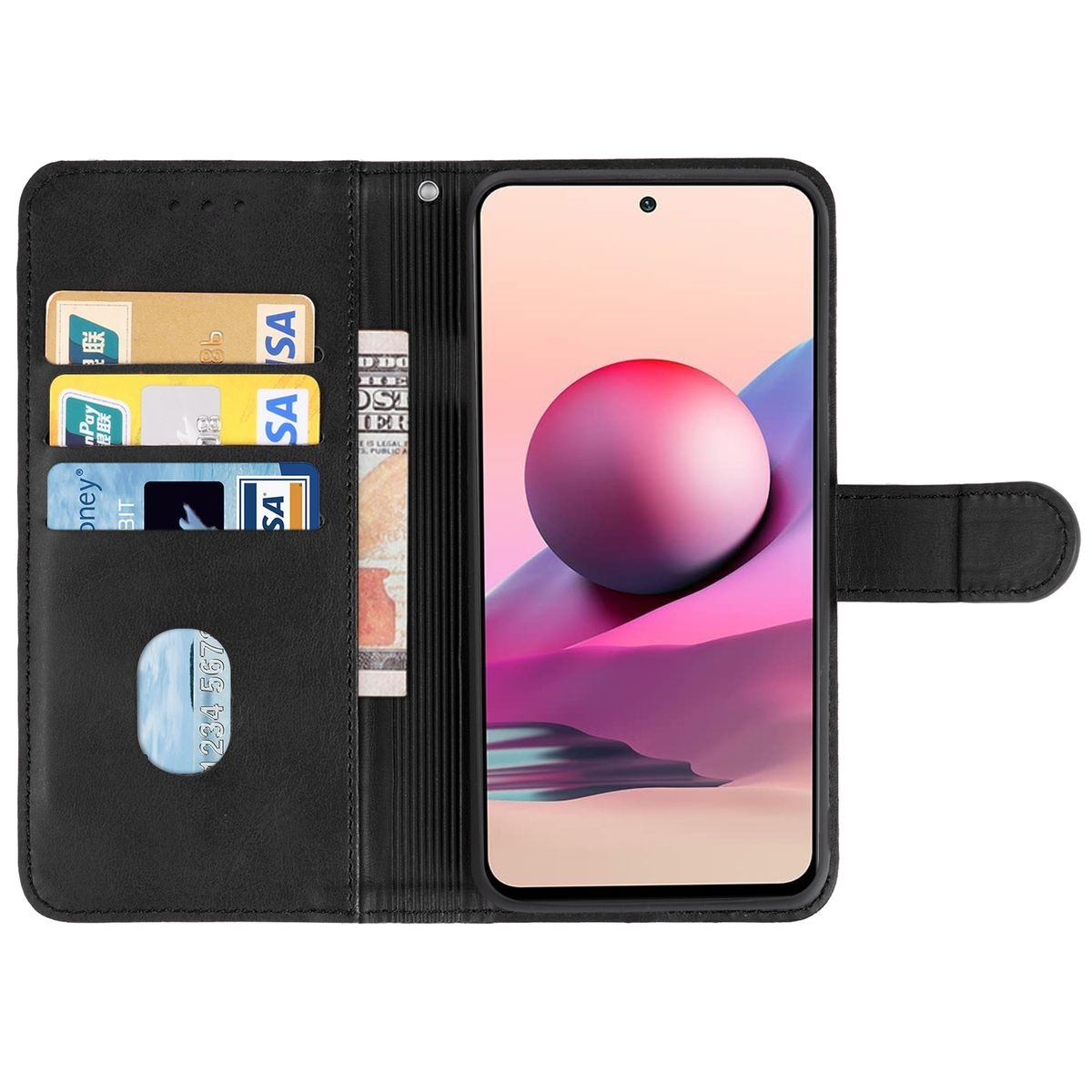 Eine schwarze Handyhülle ist geöffnet und zeigt Kreditkarten und ein Telefon mit rosa und blauem Hintergrund.