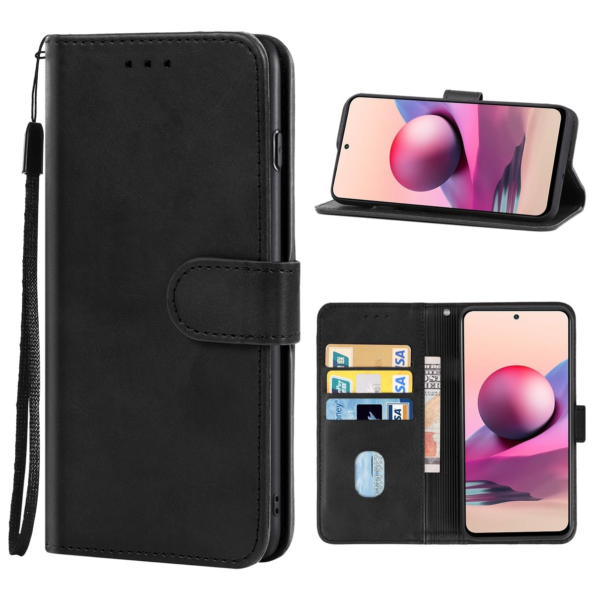 Schwarze Handyhülle, offen, mit Telefon, Karten und Geld. Es gibt einen Magnetverschluss und eine Handschlaufe.