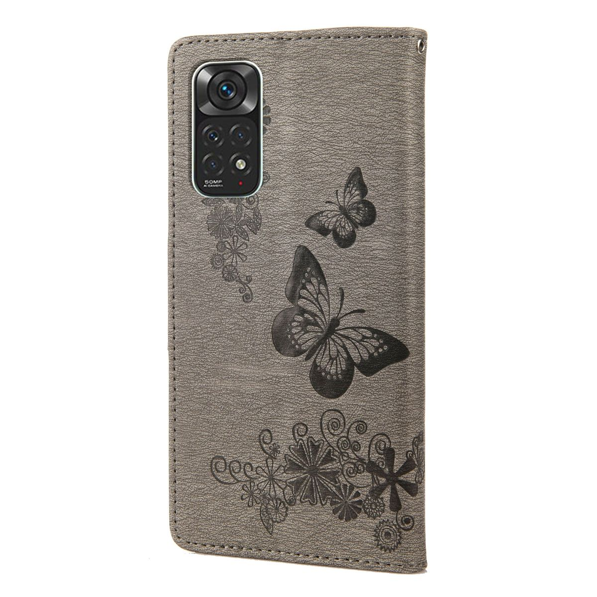 Graue Handyhülle mit Schmetterlingen und Blumen. Telefonkamera sichtbar. Hülle ist geschlossen.