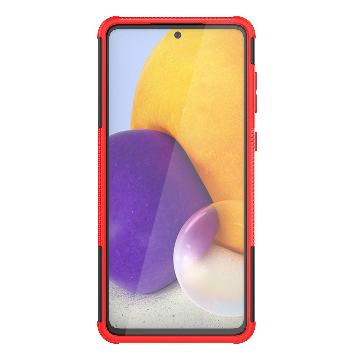 Ein Telefon in einem roten Case. Der Bildschirm zeigt gelbe und violette Farben.