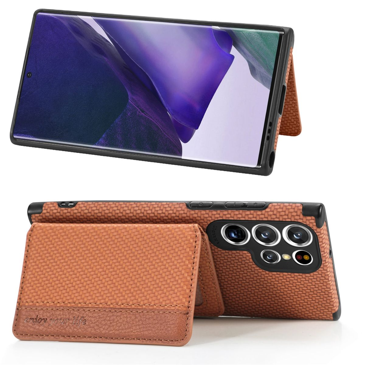 Eine braune Handyhülle, offen, mit einem Telefon darin. Die Hülle ist lederartig. Der Bildschirm ist sichtbar.