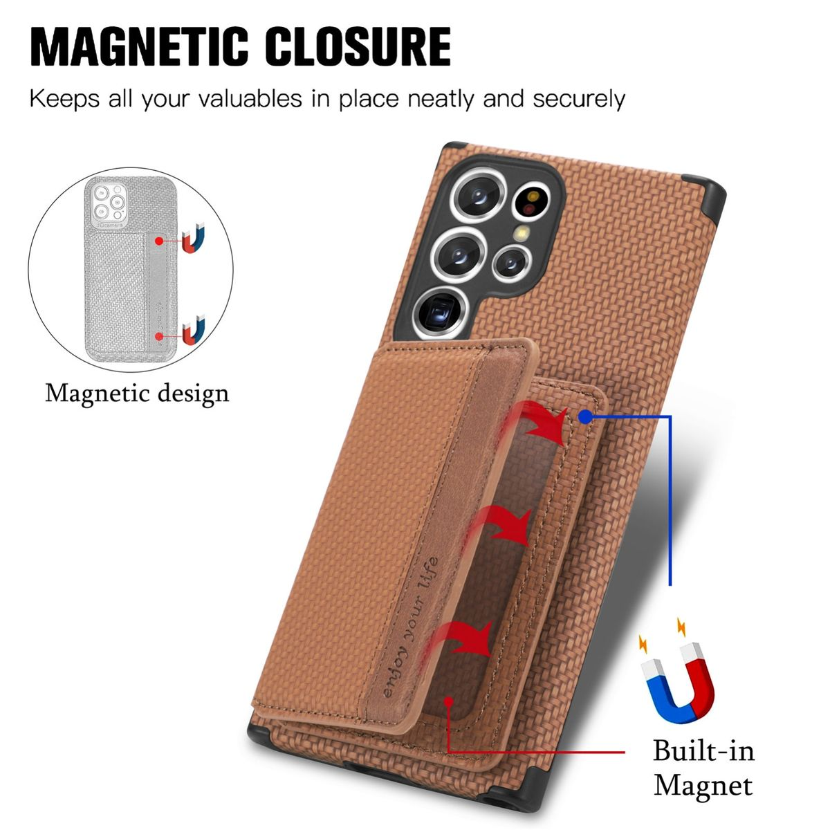 Braune Handyhülle mit Telefon. Hülle hat Magnetverschluss. Ein eingebauter Magnet wird gezeigt.