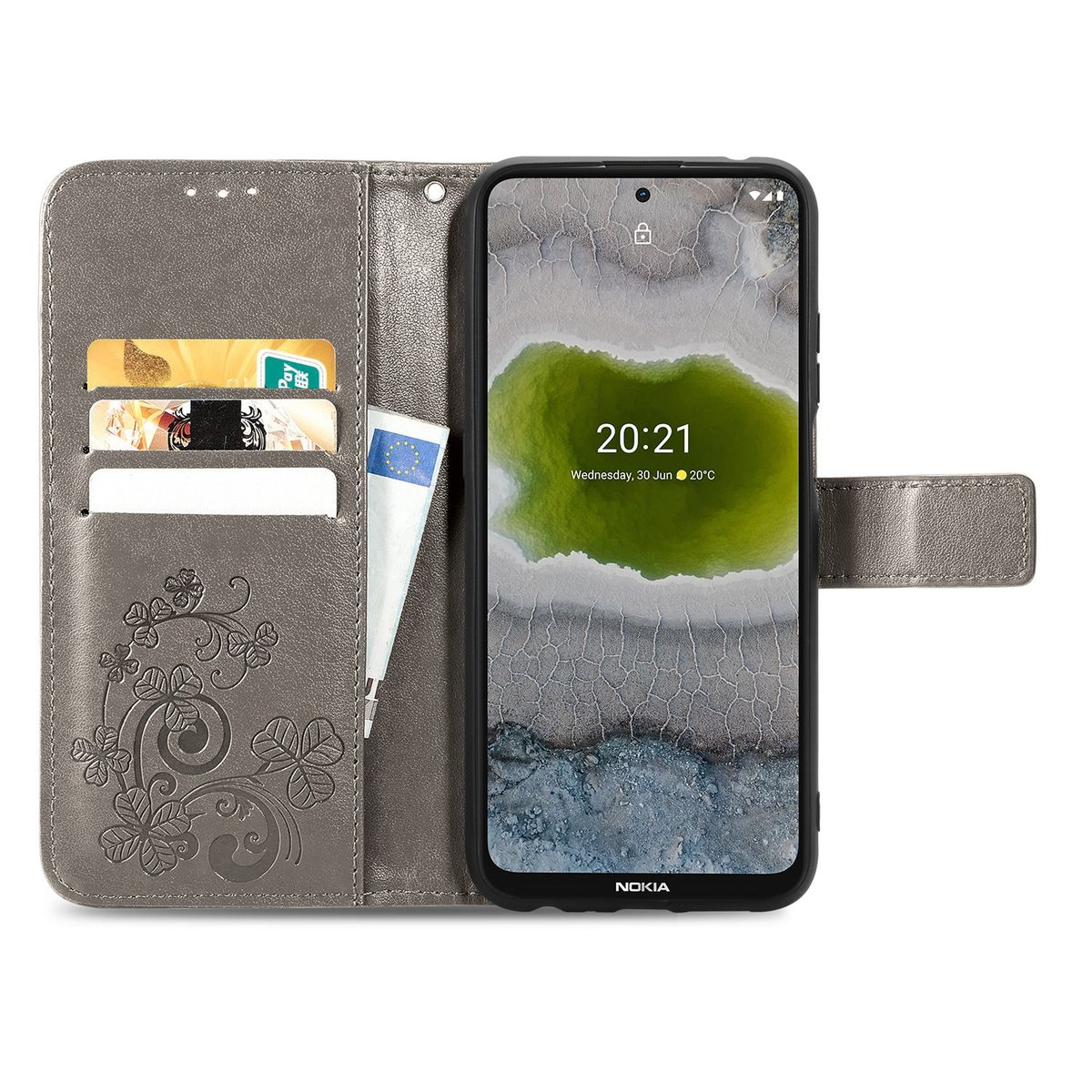 Graue Handyhülle, offen, mit Karten und Geld, ein Telefon im Inneren.