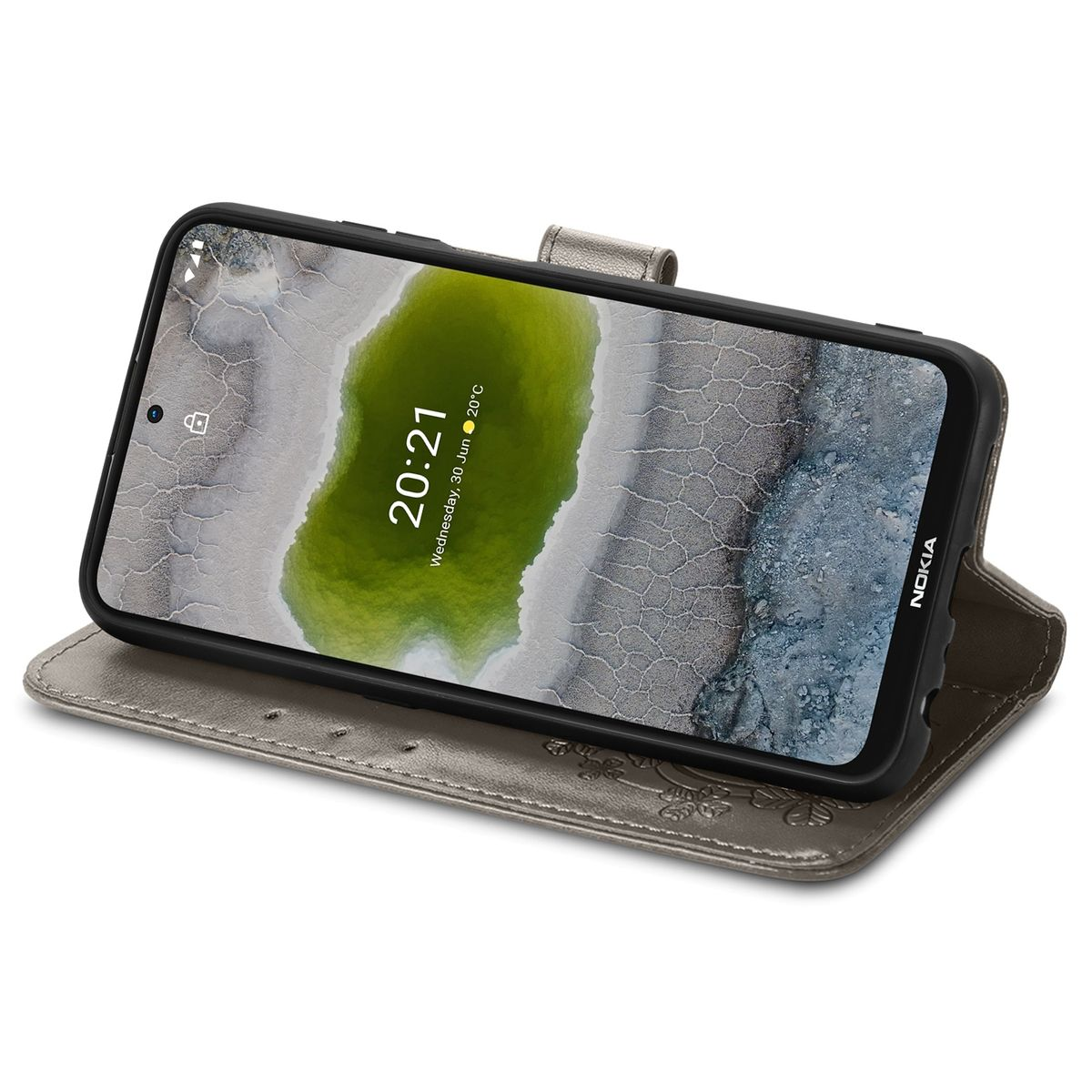 Ein Telefon in einer grauen Hülle ist geöffnet und zeigt einen grün getönten Hintergrund mit der Uhrzeit.