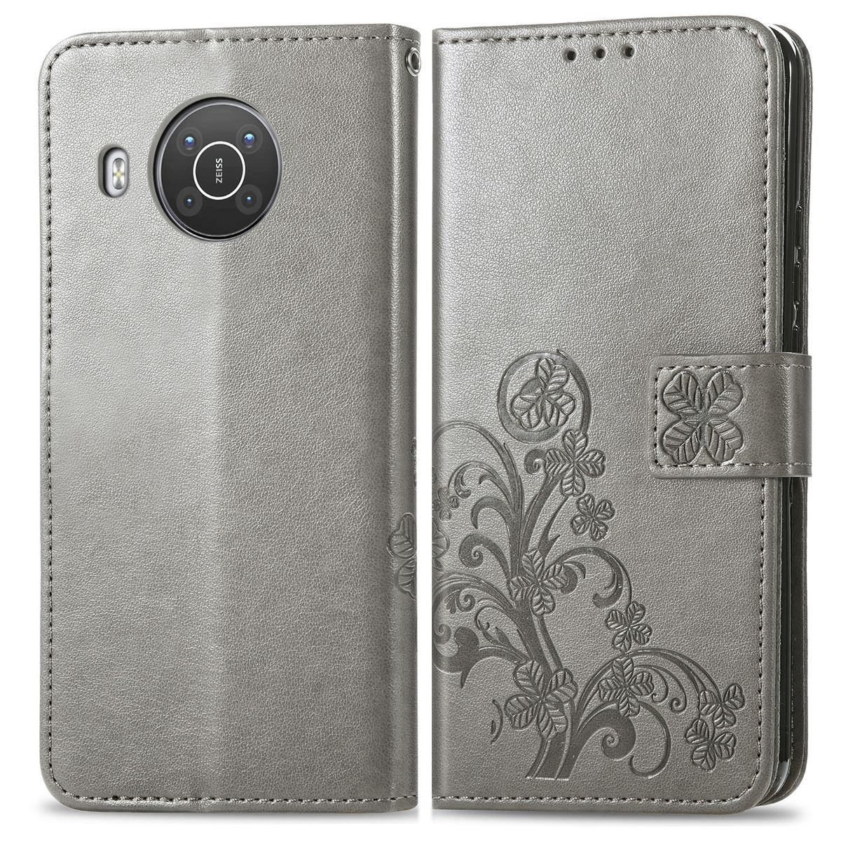 Geschlossene graue Handyhülle mit floralem Design. Hülle ist geschlossen. Ein Kameramodul ist sichtbar. Die Hülle ist grau.