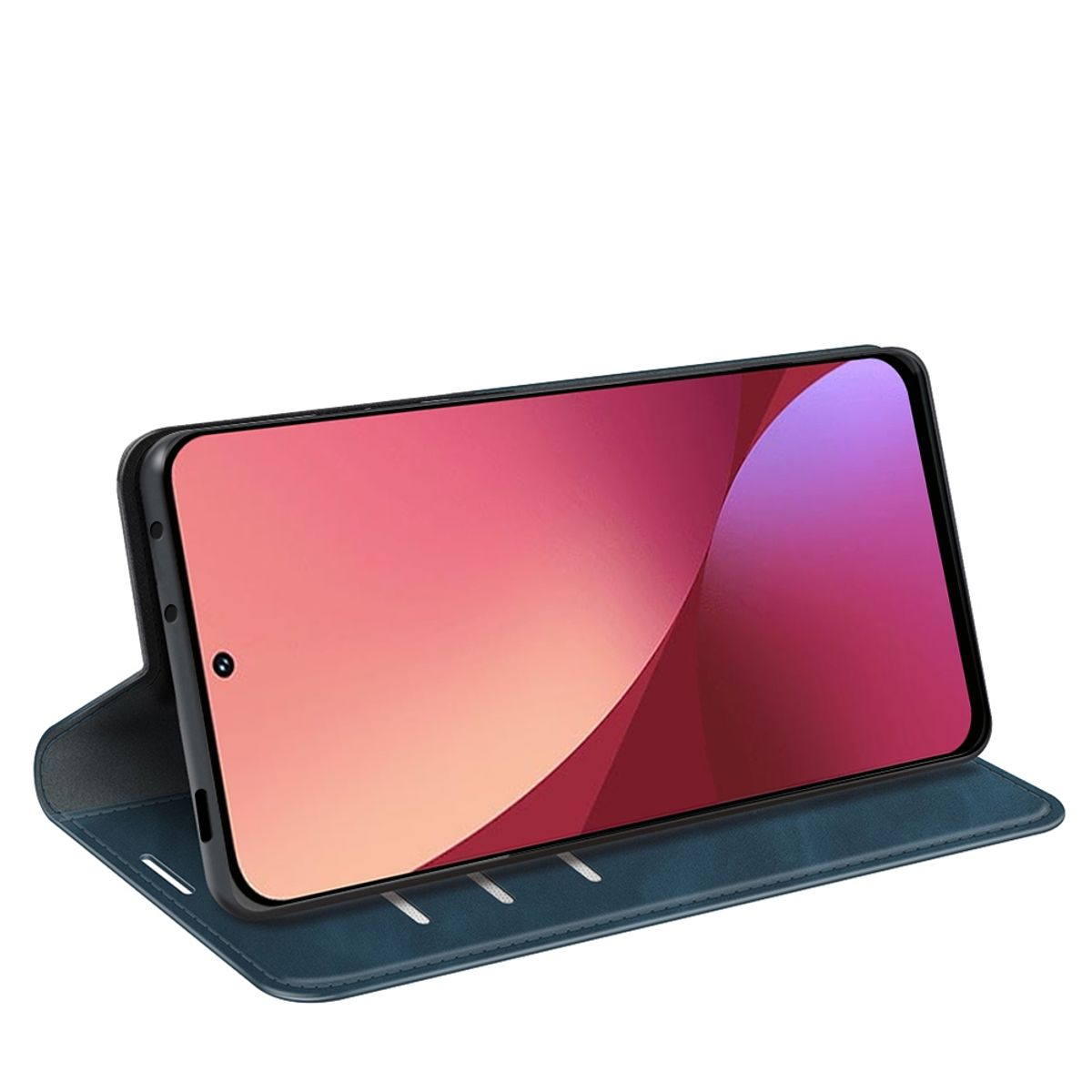 Geöffnete Handyhülle mit Telefon. Das Telefon zeigt ein farbenfrohes Bild.