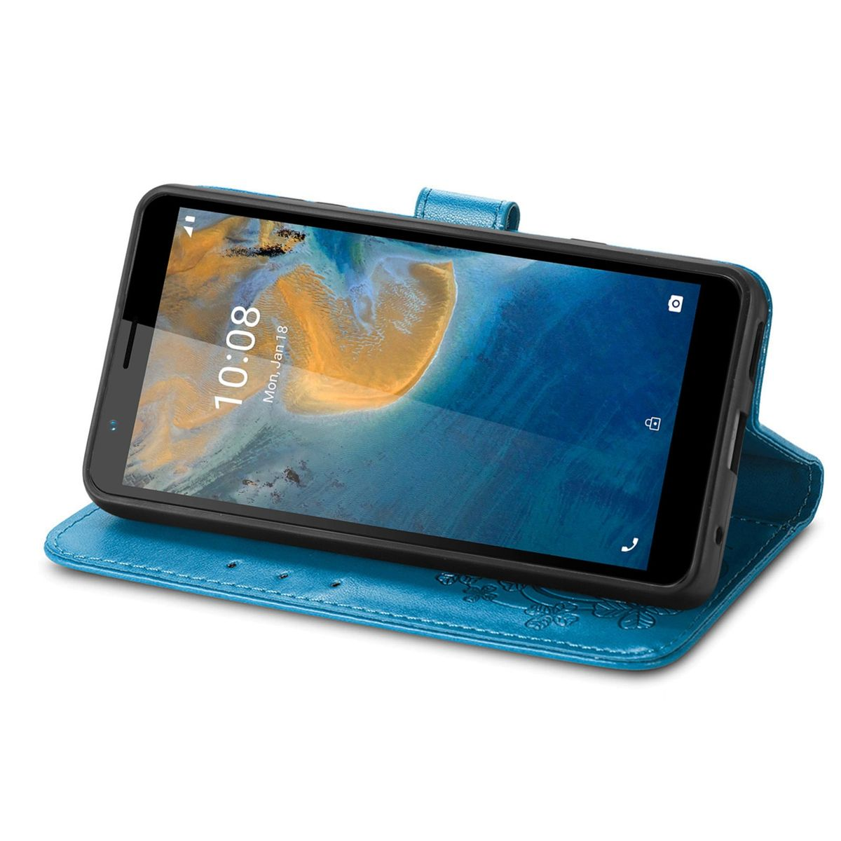 Blaue Handyhülle, geöffnet, mit einem Telefon, das einen Bildschirm mit der Uhrzeit 10:08 anzeigt. Die Hülle hat florale Details.