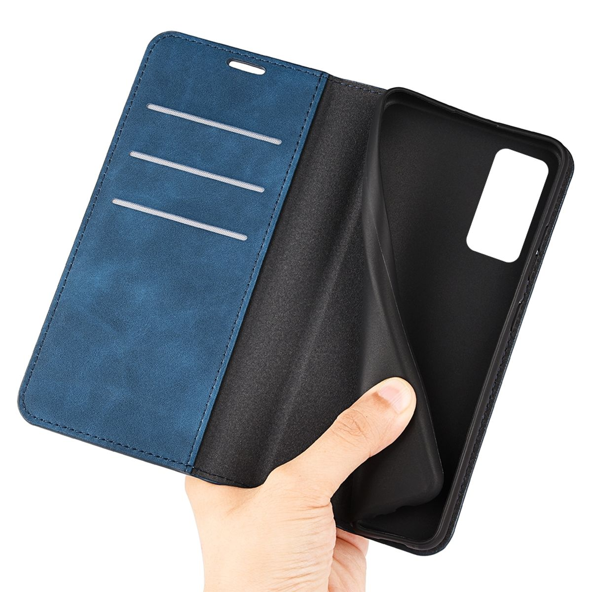 Blaue Handyhülle, offen, mit einem Telefon darin, zeigt die Innenseite.