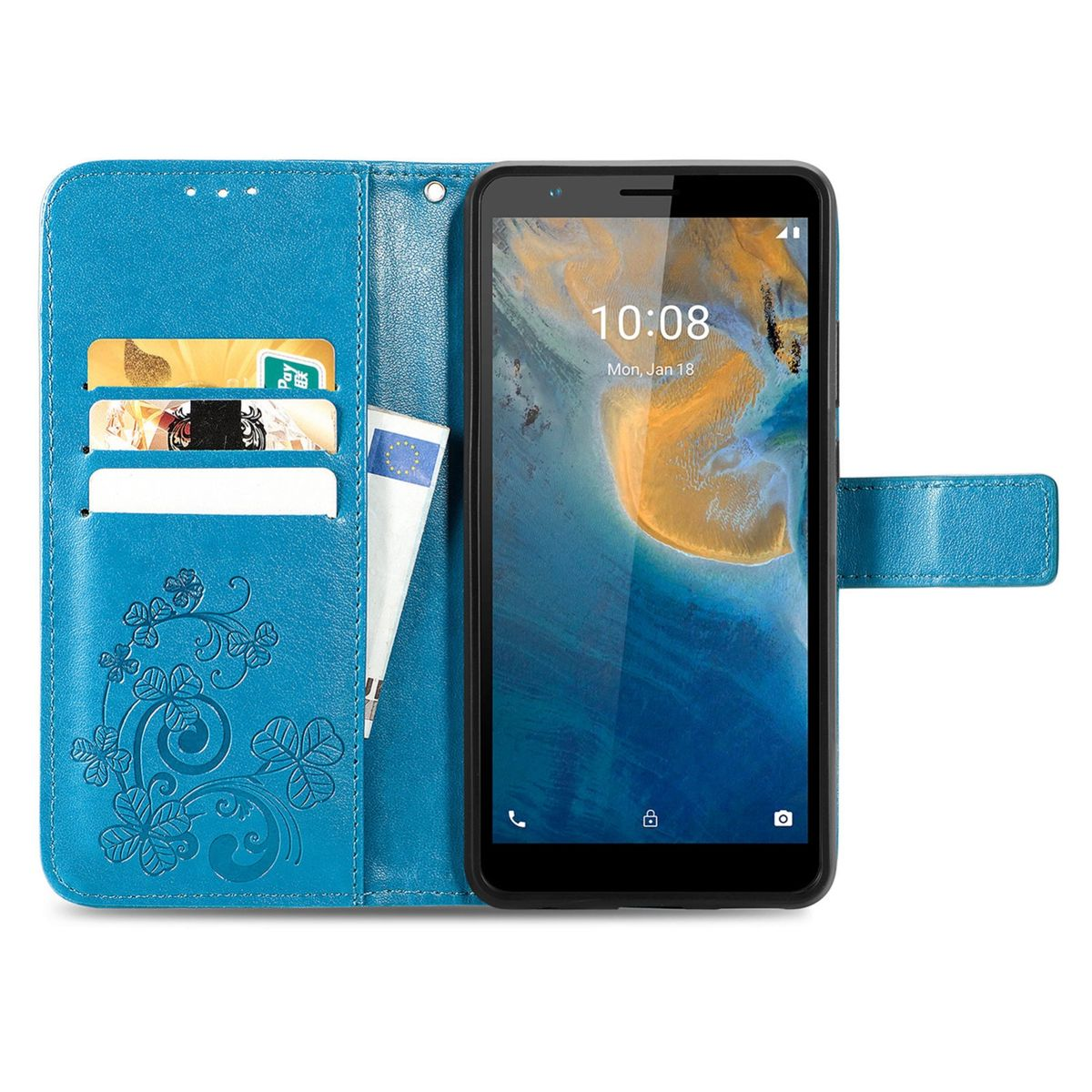 Blaue Handyhülle, offen. Zeigt ein Telefon, Karten und einen Stift.