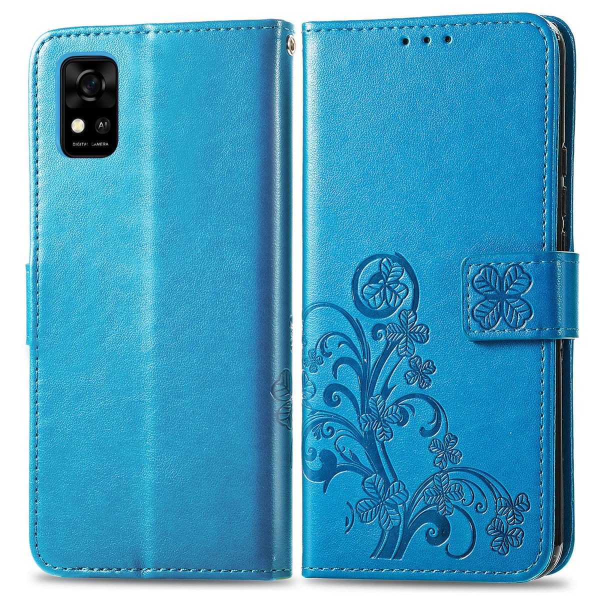 Eine blaue Handyhülle mit floralem Design, offen und das Telefon zeigend. Es hat einen Kameraausschnitt.