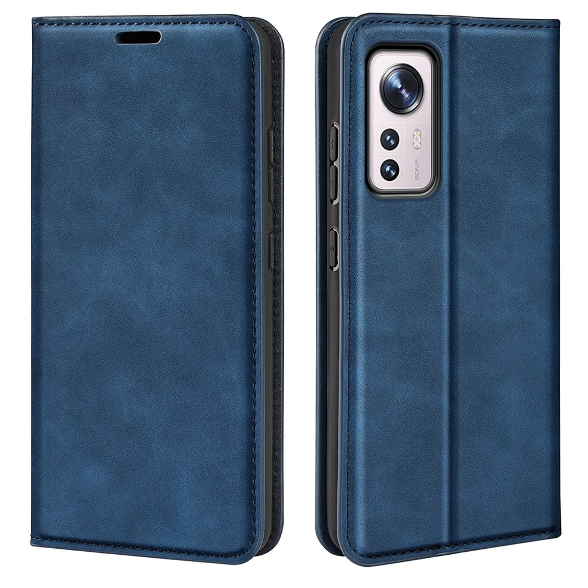 Marineblaue Handyhülle, geöffnet, mit einem Telefon darin. Weißer Hintergrund. Details der Hülle sichtbar.
